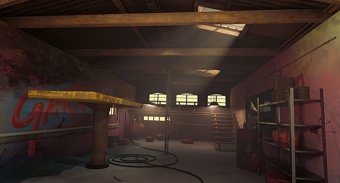 Garage room in warehouse with graffiti on walls 3D model