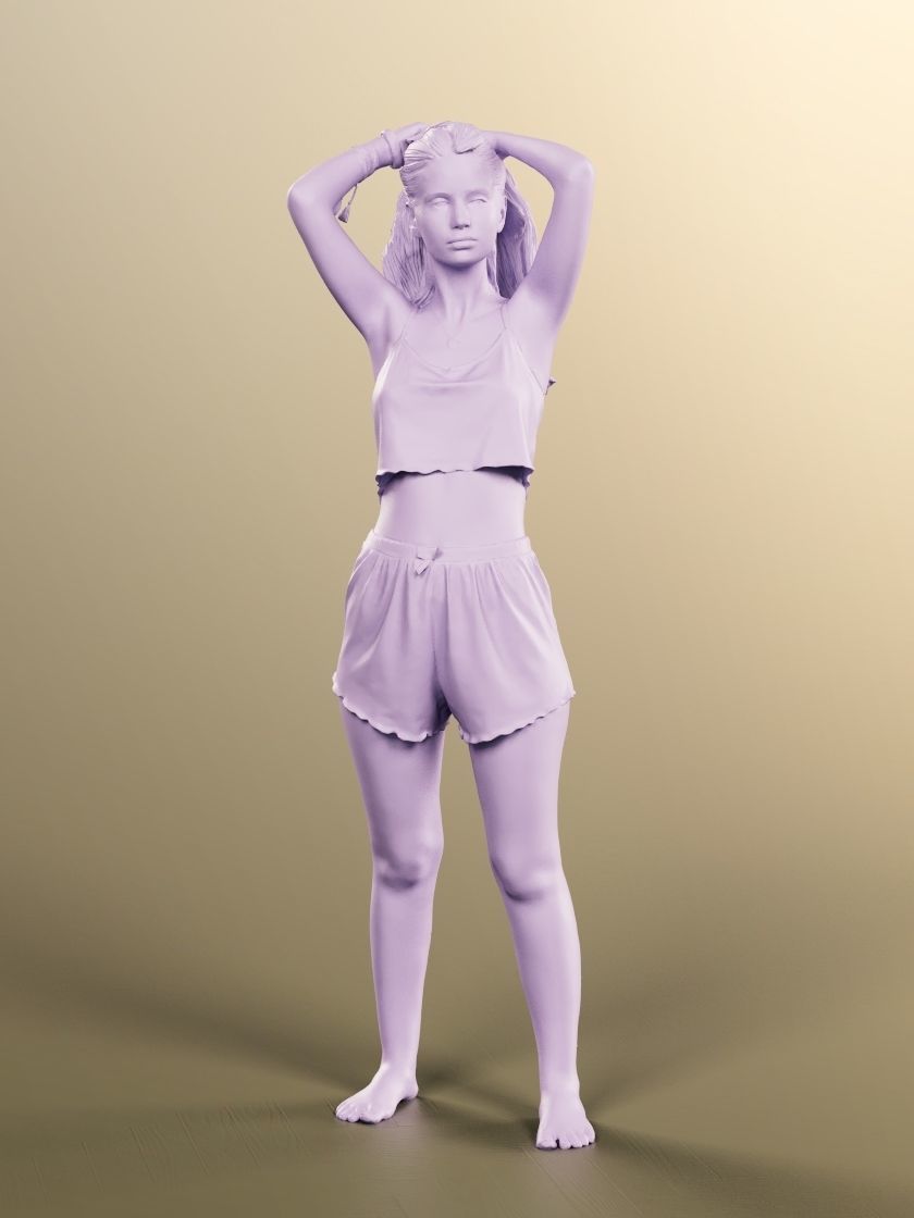 Lara 12718 - Standing Woman In Pyjamas Tying Hair Low-poly 3D model_4