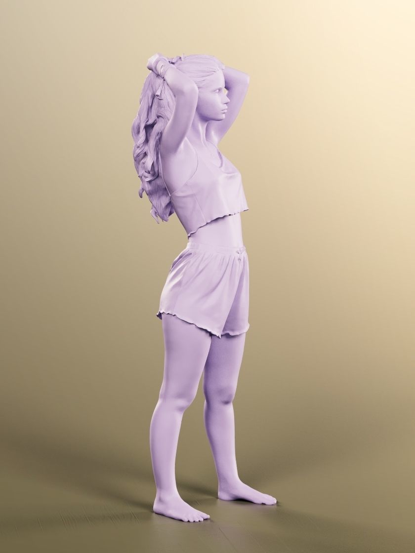 Lara 12718 - Standing Woman In Pyjamas Tying Hair Low-poly 3D model_5