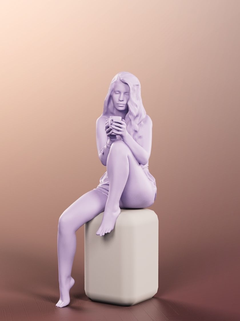 Lara 12713 - Sitting Woman In Pyjamas With Cup Low-poly 3D model_4