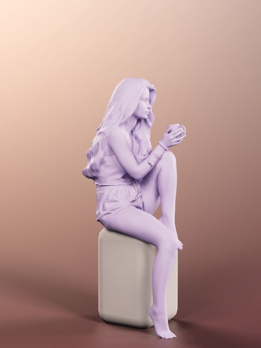 Lara 12713 - Sitting Woman In Pyjamas With Cup Low-poly 3D model_5
