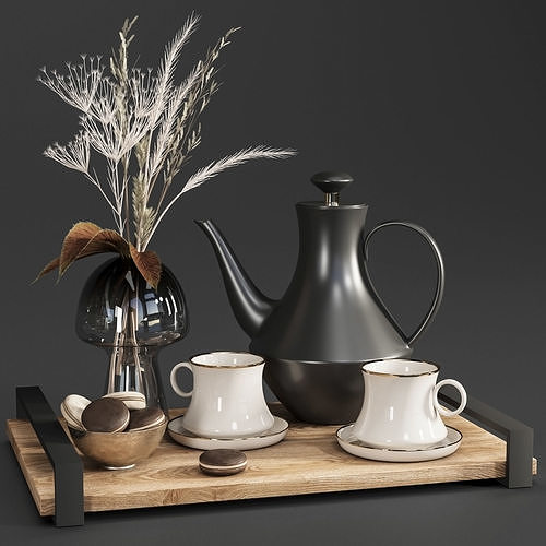 tableware01 coffee pot and cups on tray 3D model