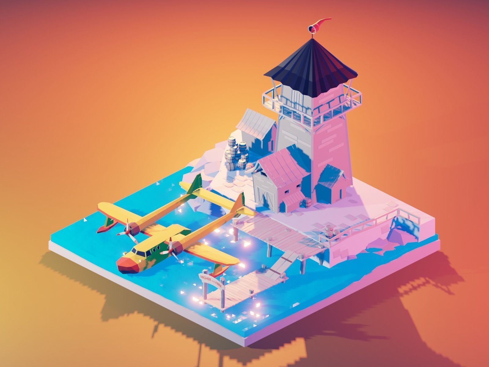 talespin-hq with water and  house and tower low poly model Low-poly 3D model_7