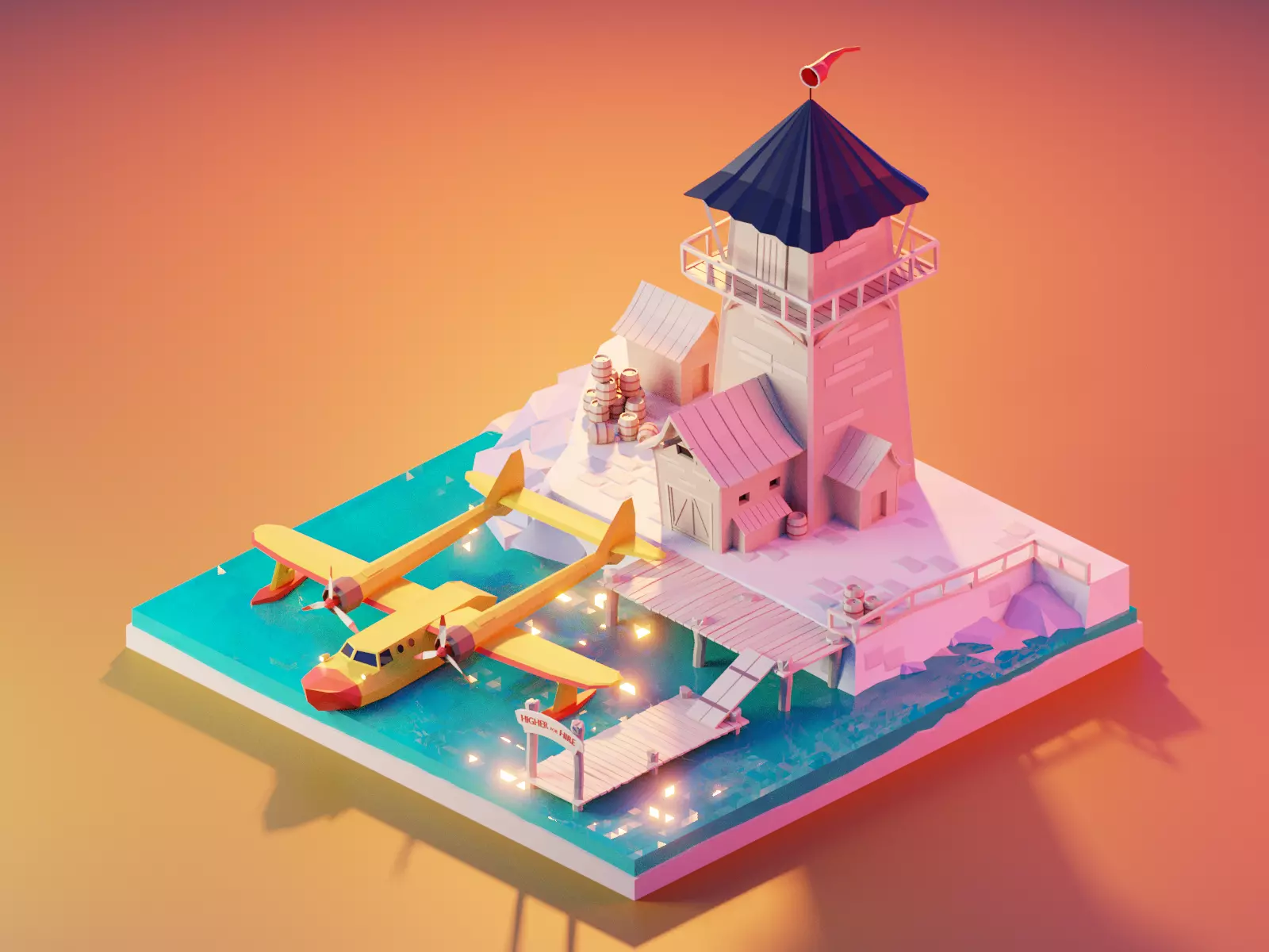 talespin-hq with water and  house and tower low poly model Low-poly 3D model_0