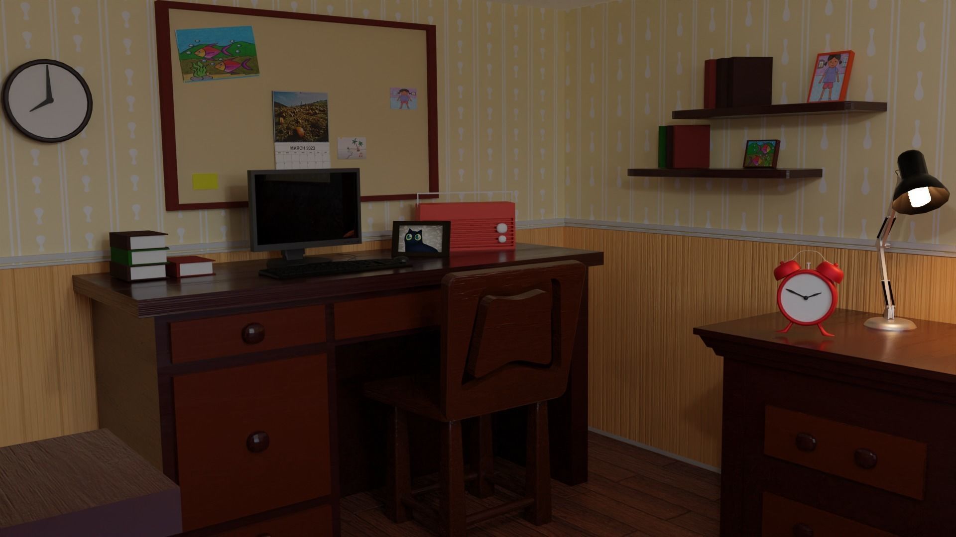 Bedroom with bed and nightstand 3D model_8