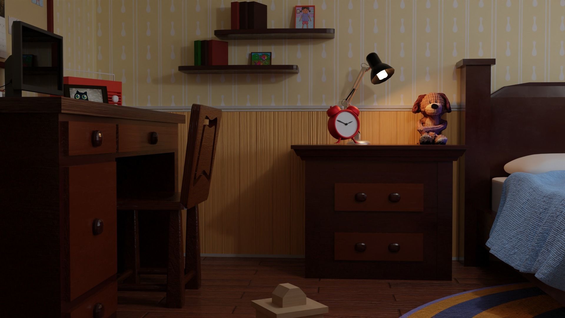 Bedroom with bed and nightstand 3D model_5