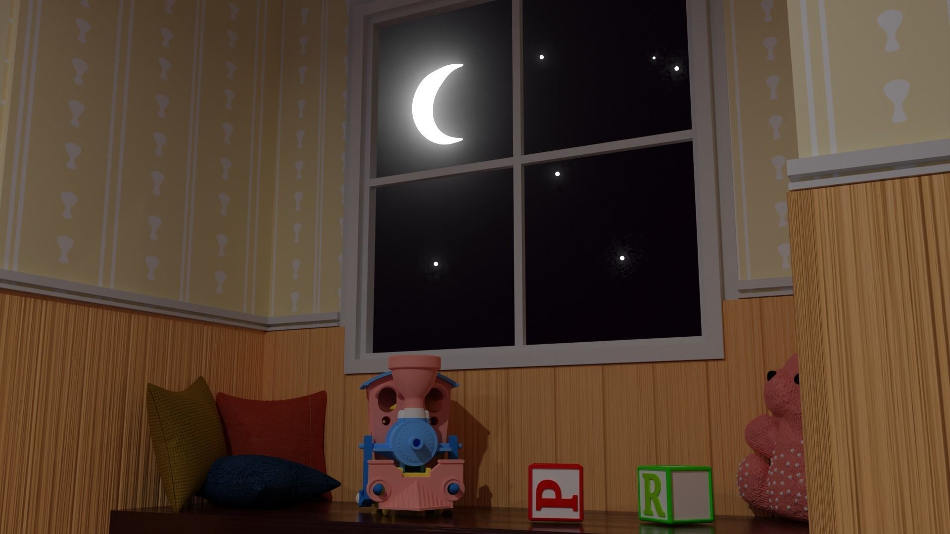 Bedroom with bed and nightstand 3D model_6