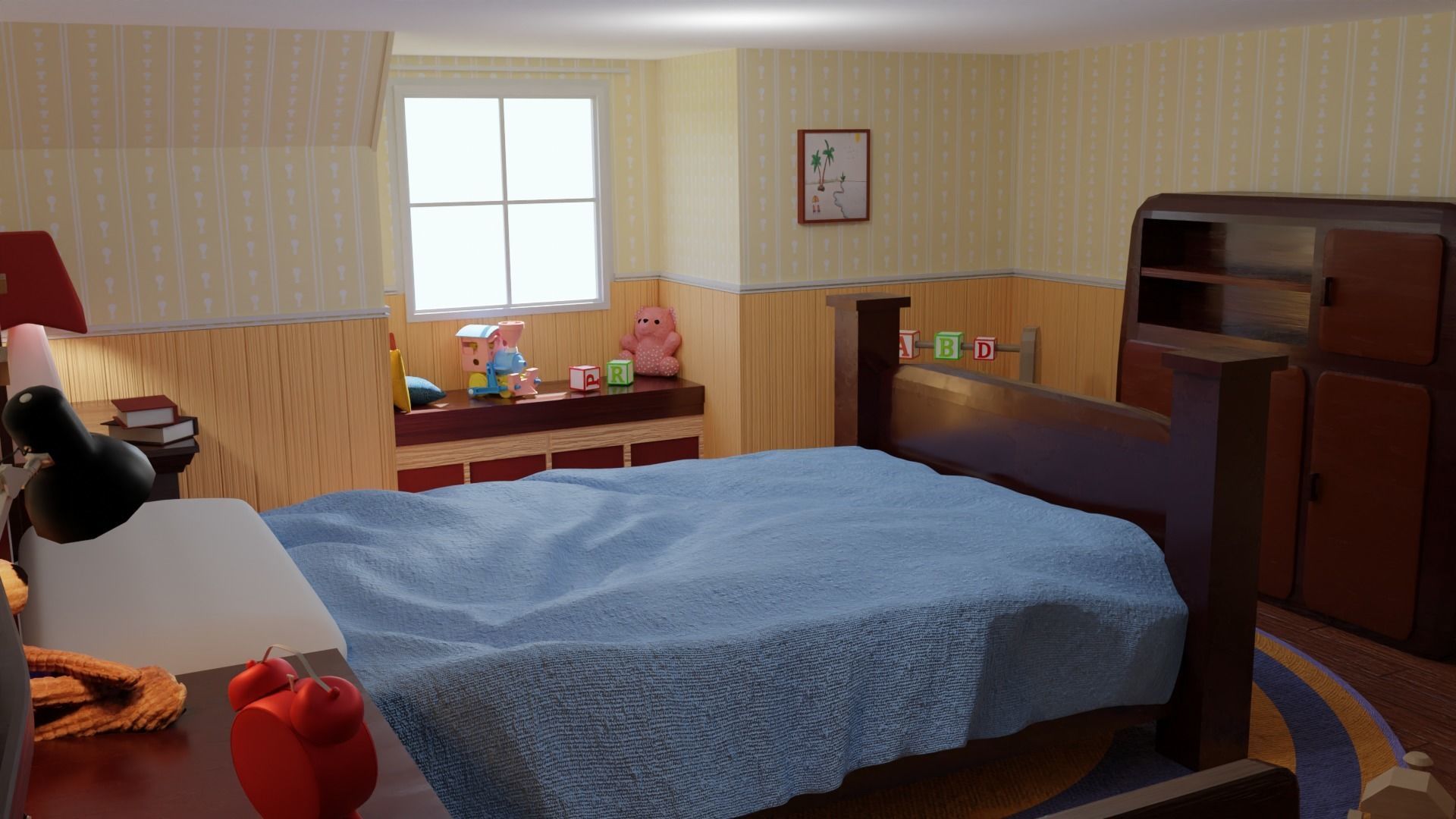 Bedroom with bed and nightstand 3D model_10