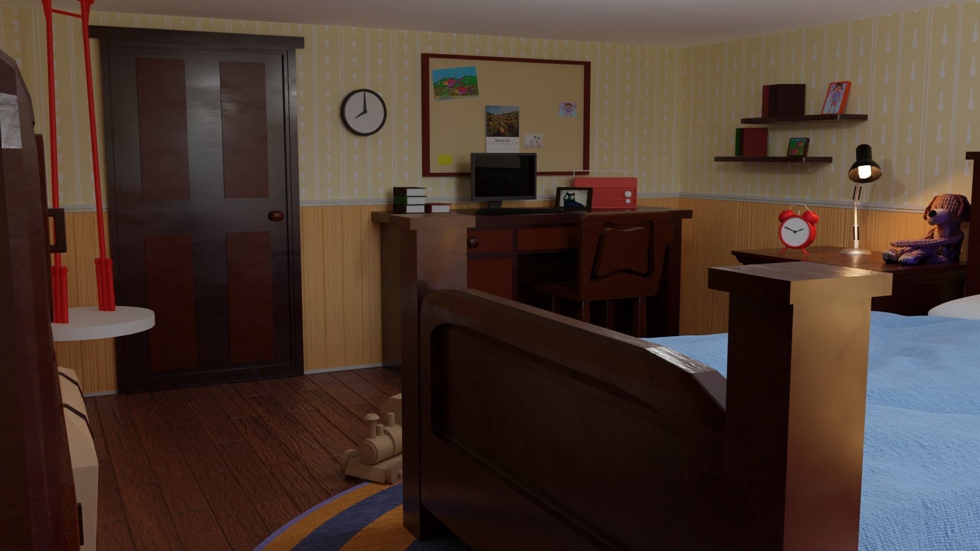 Bedroom with bed and nightstand 3D model_2