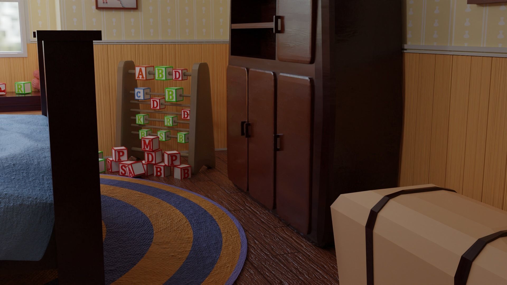 Bedroom with bed and nightstand 3D model_7