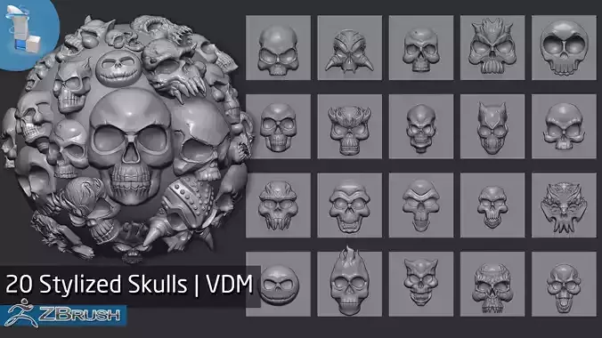 20 Stylized Skulls VDM Brush 3D model