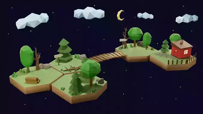 Low poly islands island with trees and bridge