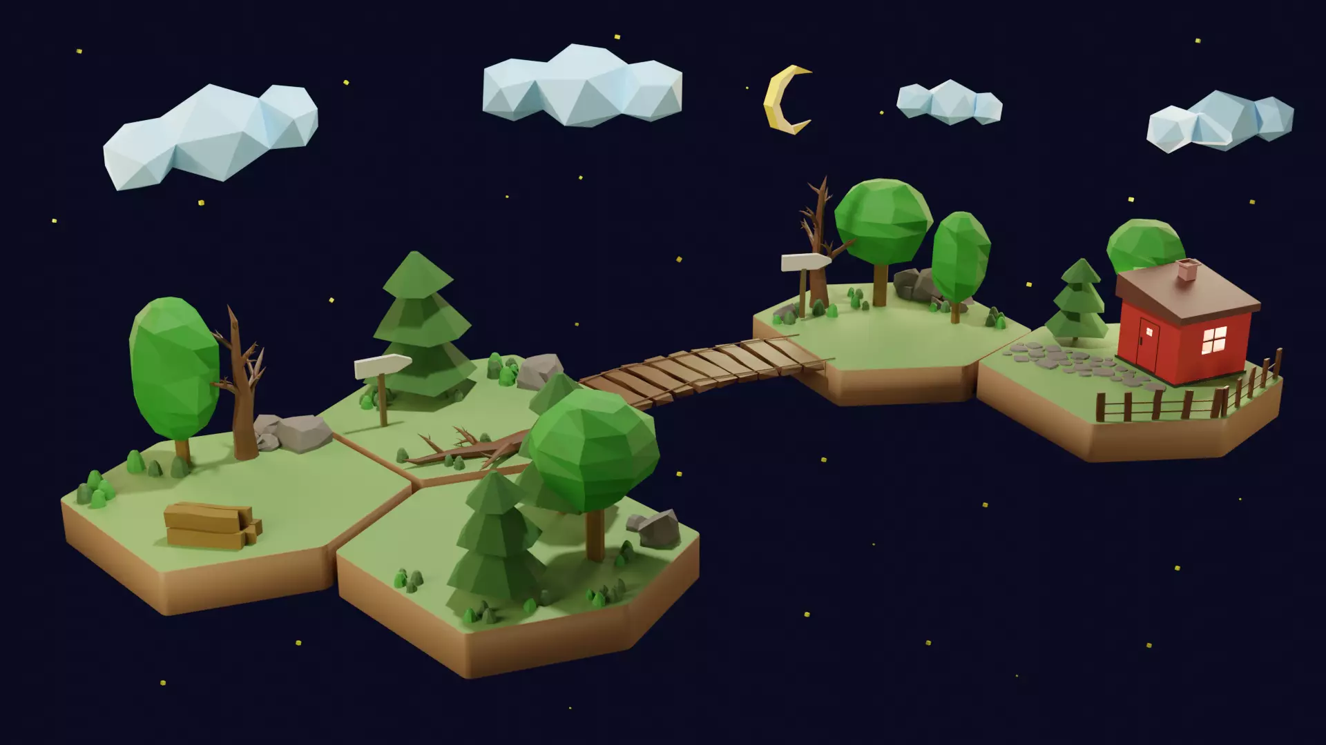 Low poly islands island with trees and bridge Low-poly 3D model