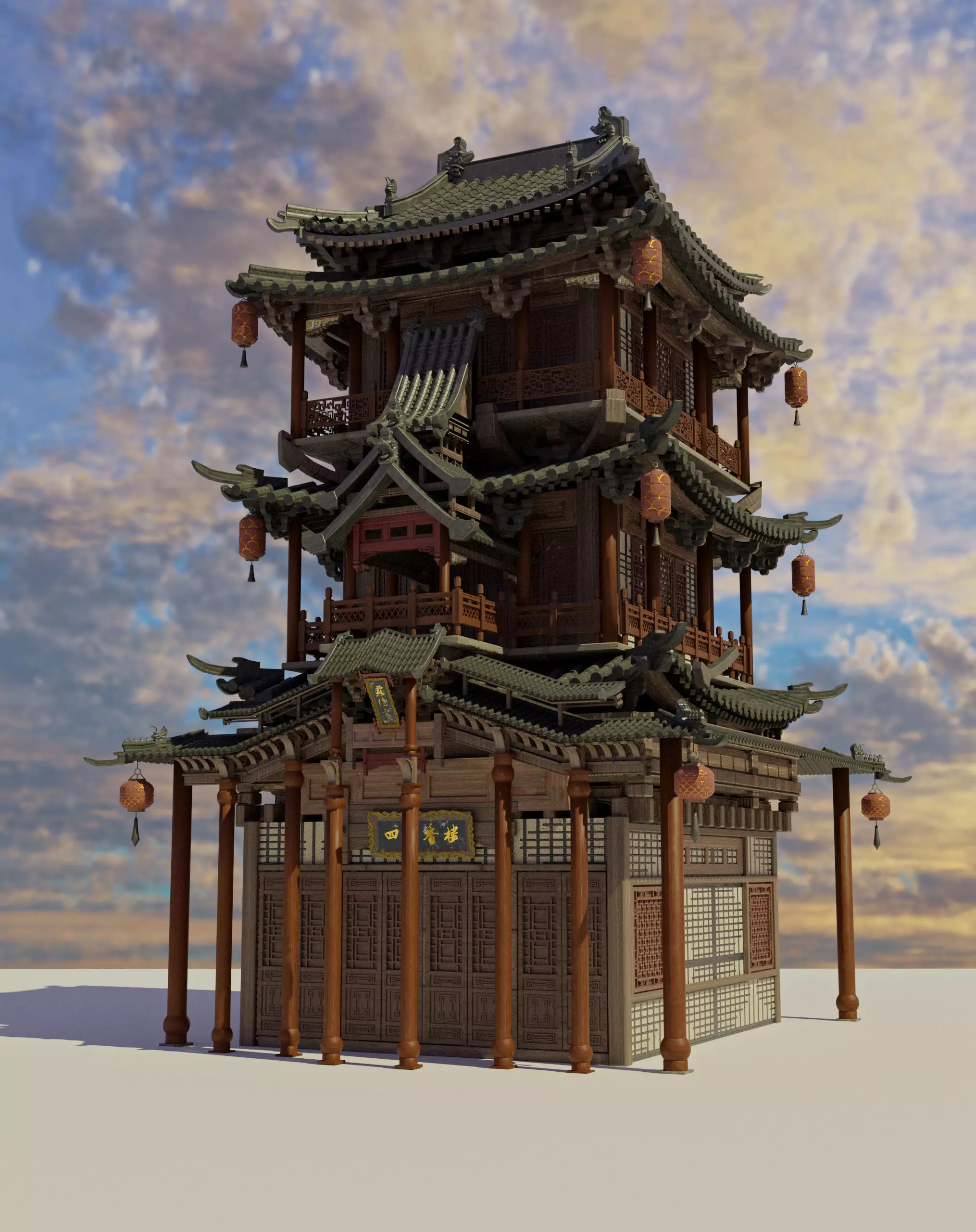  Chinese style attic architecture 3D model_0