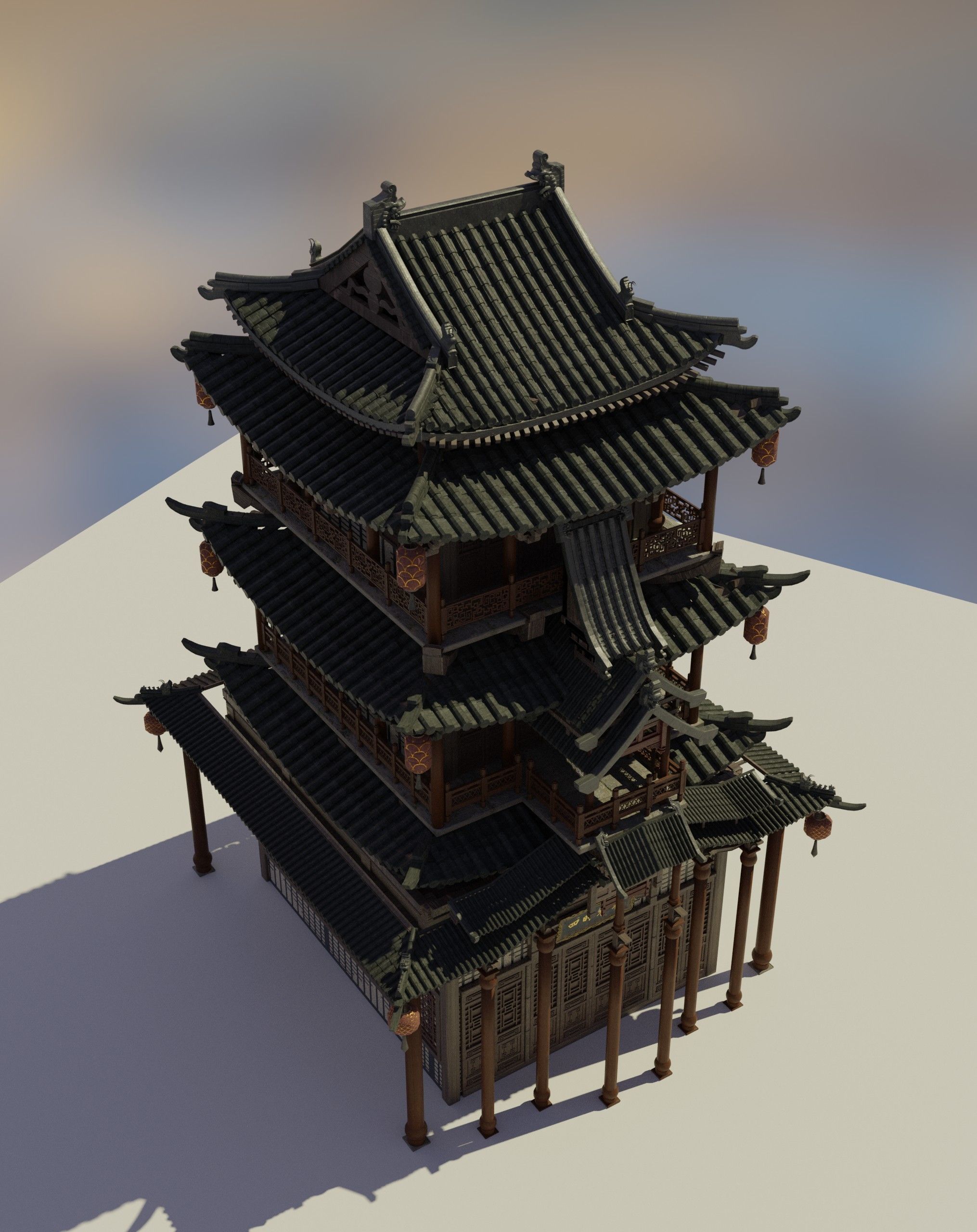  Chinese style attic architecture 3D model_1