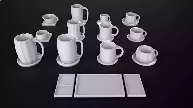 low poly and high cups with saucer and extra plates bundle
