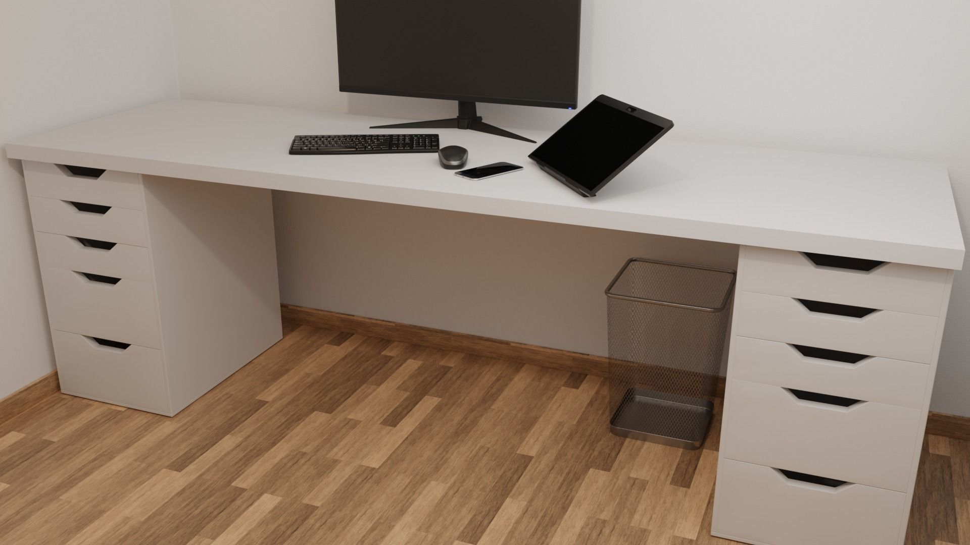 Ikea style white Table Office Desk with multiple Drawers 3D model_5