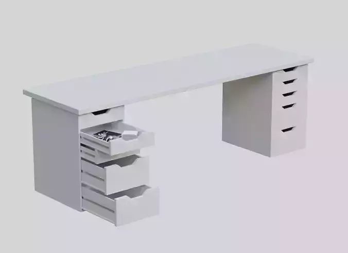 Ikea style white Table Office Desk with multiple Drawers 3D model