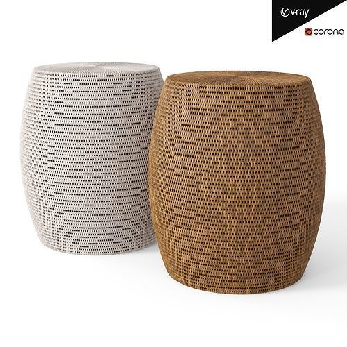 Rattan Drum Stool Brown and White Low-poly 3D model