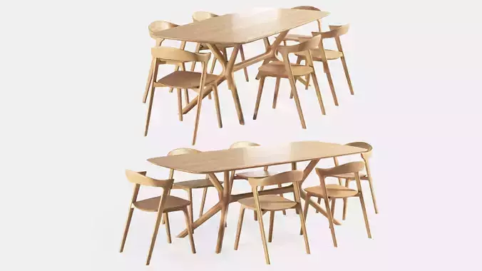 Oak-bok chair oak-x table 3D model