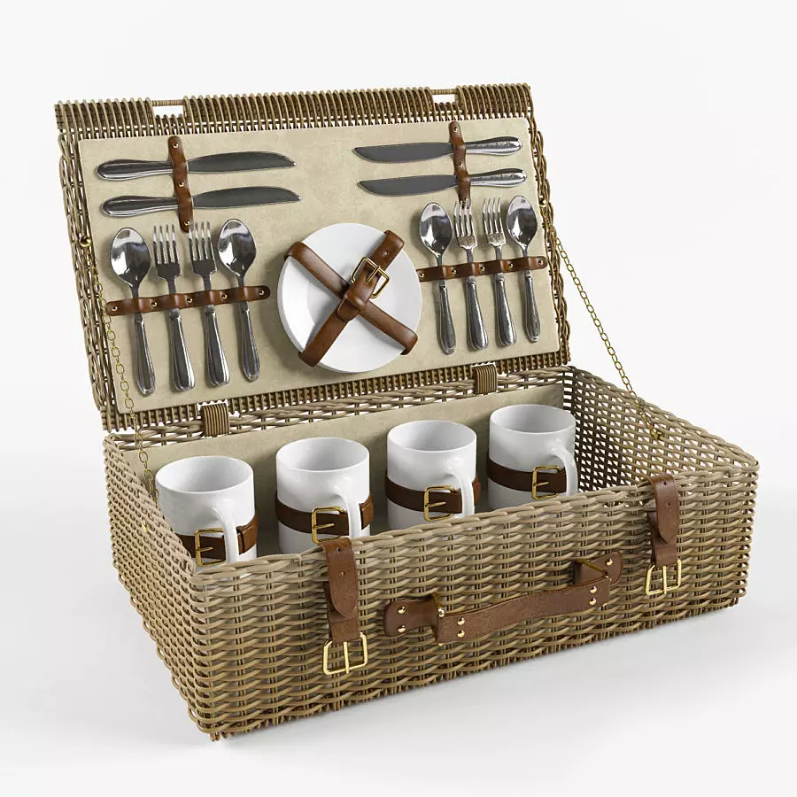 Picnic Set - Wicker Suitcase 3D model_0