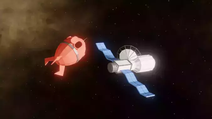 sci-fi red space shuttle rocket and satellite