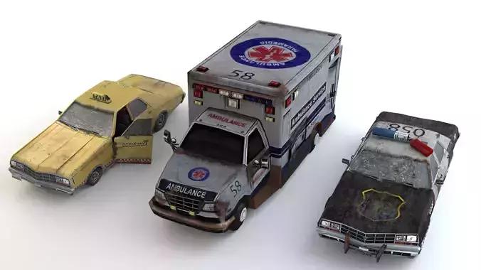 Old Rusty ambulance police and taxi car mini pack Low-poly 3D model