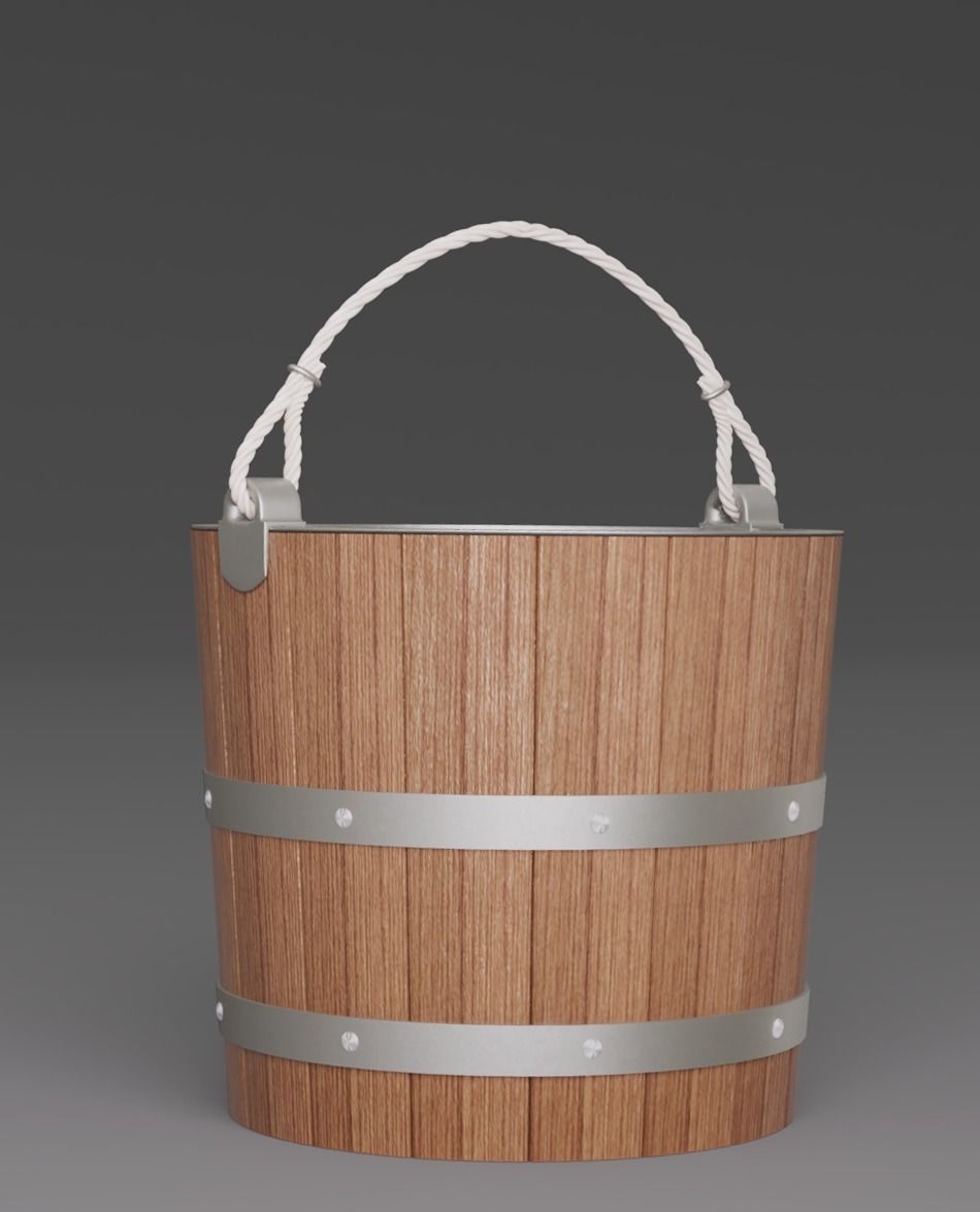 Bucket wooden with handles 3D model_4