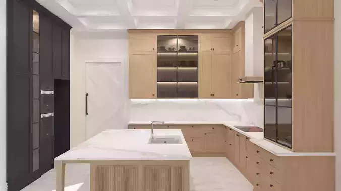 kitchen modern with wood cabinets and marble counter tops