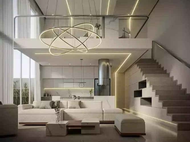Project B modern living room with stairs and lighting Free 3D model
