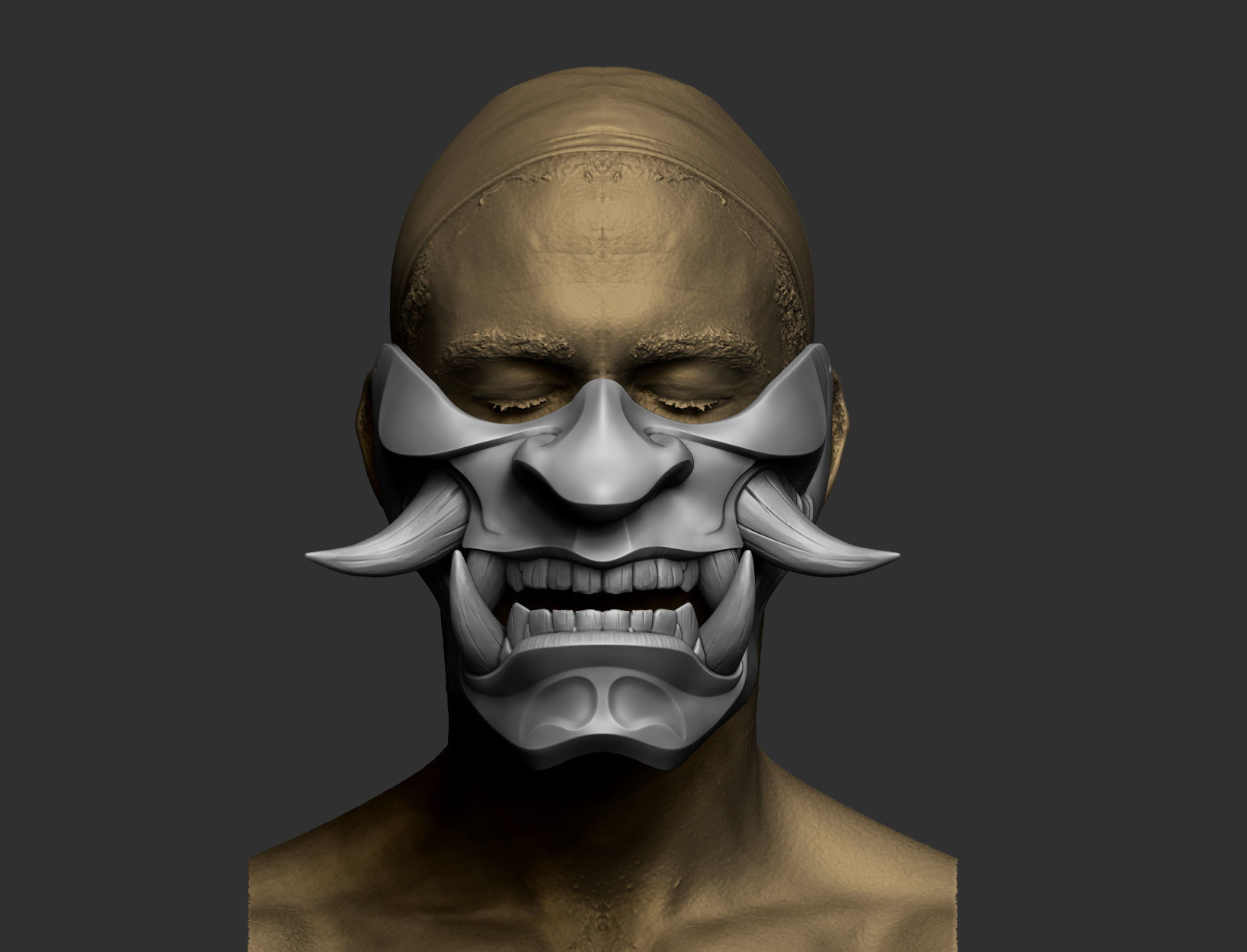 Traditional Japanese Hannya Half Mask Oni Half Mask Samurai Mask 3D print model_5