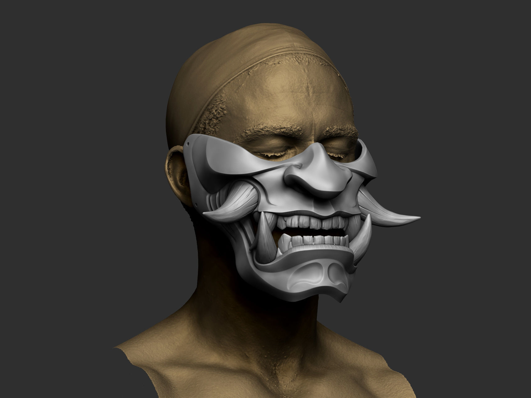 Traditional Japanese Hannya Half Mask Oni Half Mask Samurai Mask 3D print model_6