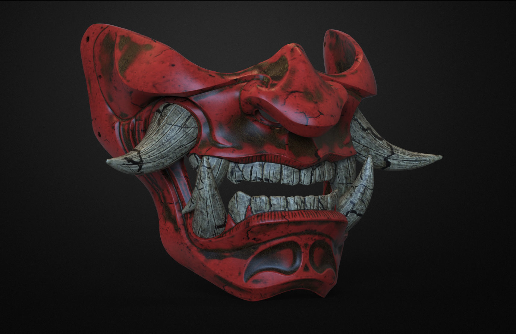 Traditional Japanese Hannya Half Mask Oni Half Mask Samurai Mask 3D print model_3