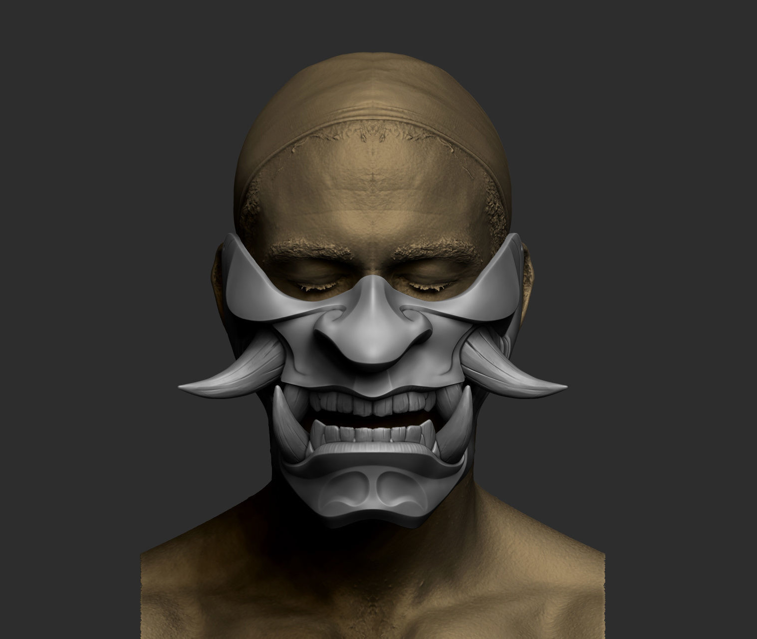 Traditional Japanese Hannya Half Mask Oni Half Mask Samurai Mask 3D print model_7