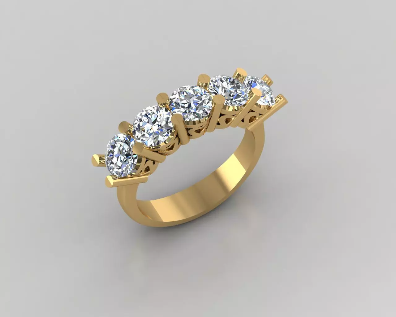 Rings 3D gold diamond ring with five stones 3D print model_0