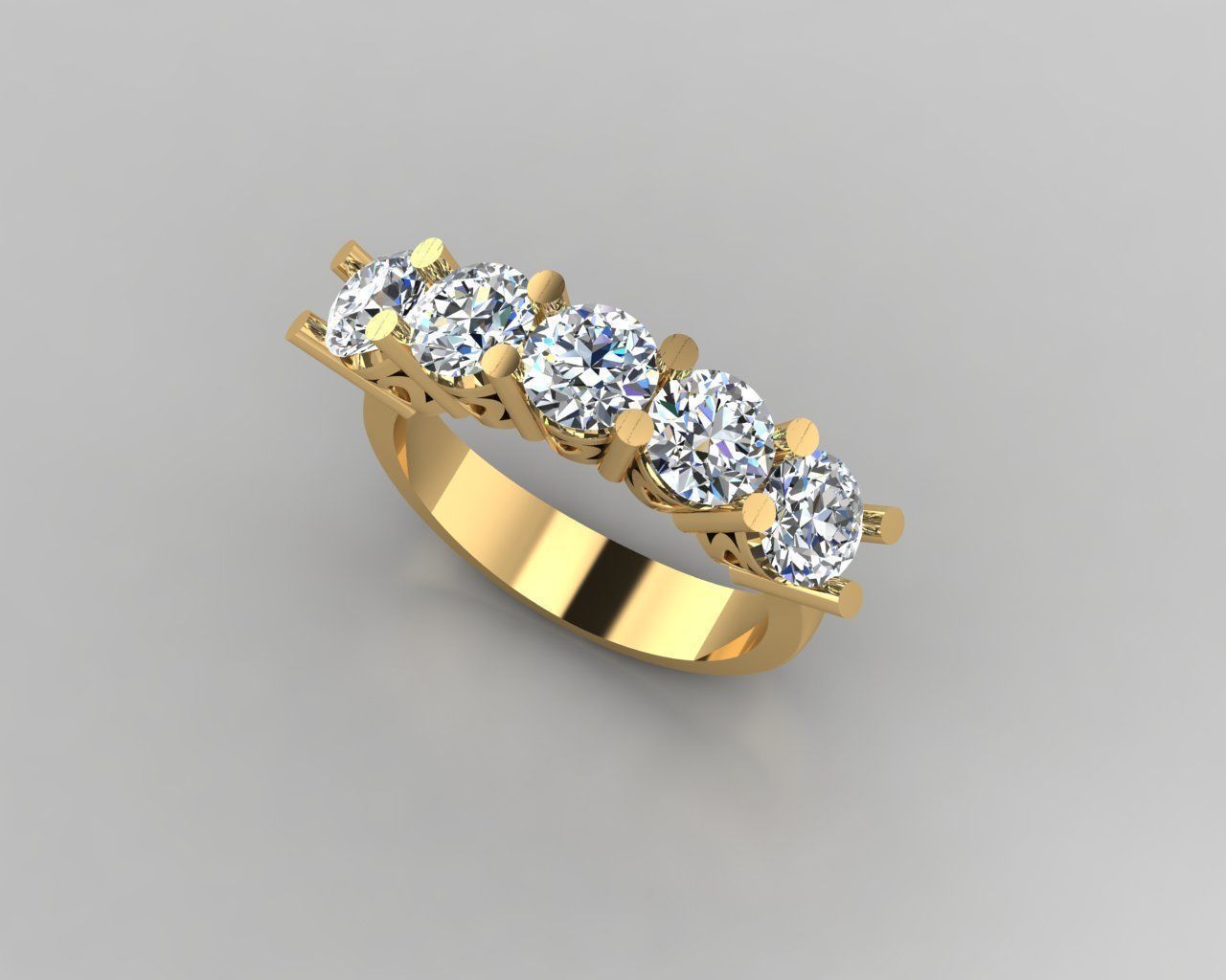 Rings 3D gold diamond ring with five stones 3D print model_1