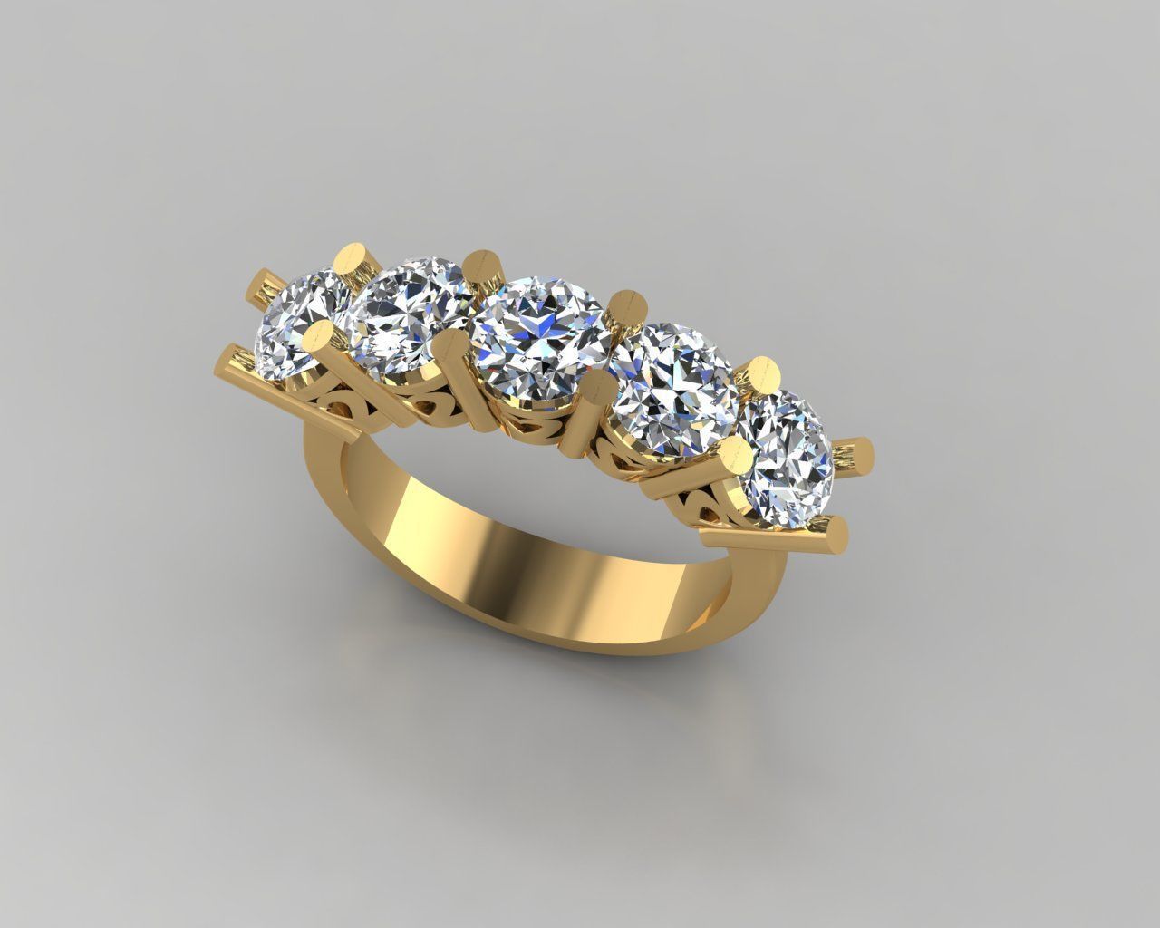 Rings 3D gold diamond ring with five stones 3D print model_1