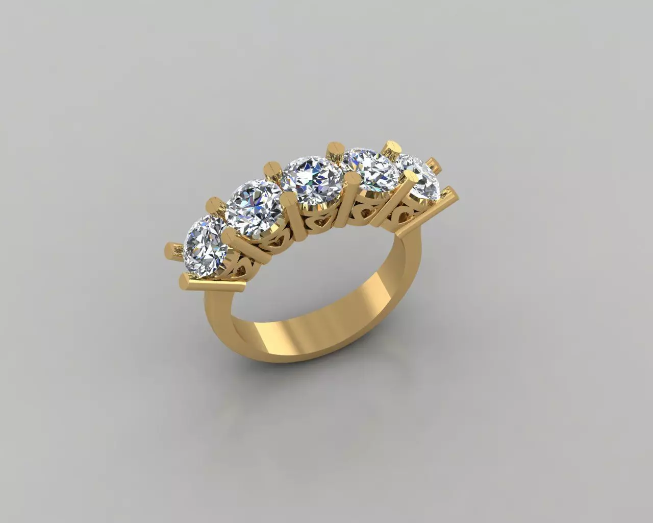 Rings 3D gold diamond ring with five stones 3D print model_0