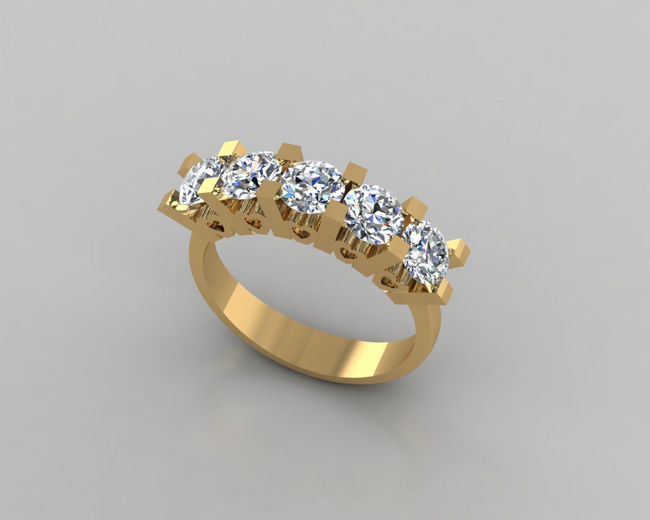 Rings 3D gold diamond ring with four stones 3D print model_1