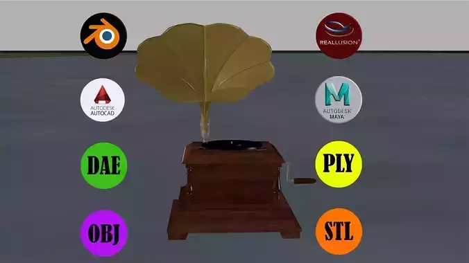 Gramophone with leaf on top Low-poly 3D model