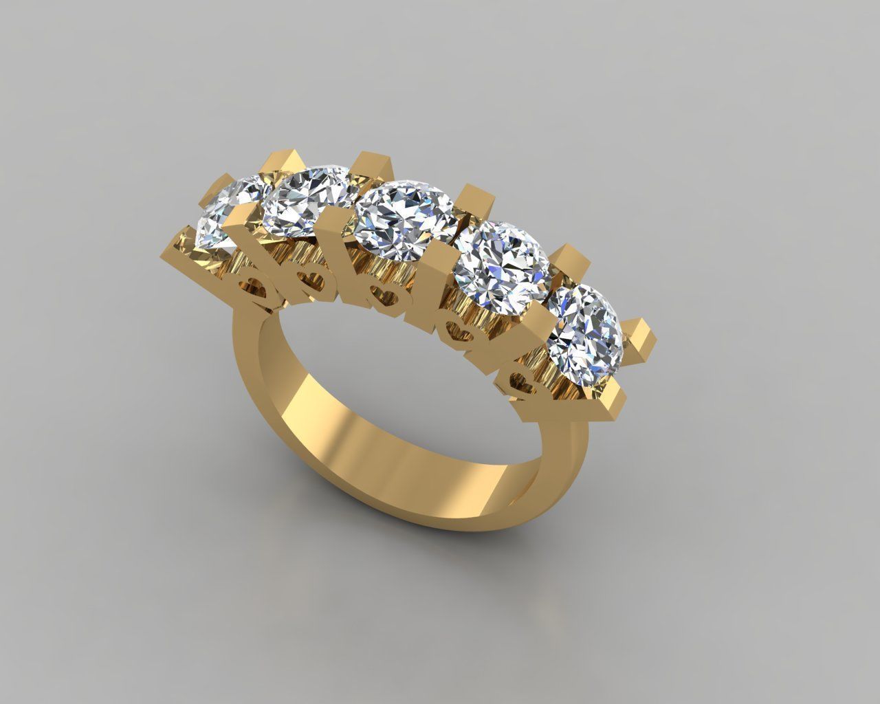 Rings 3D gold diamond ring with four stones 3D print model_1