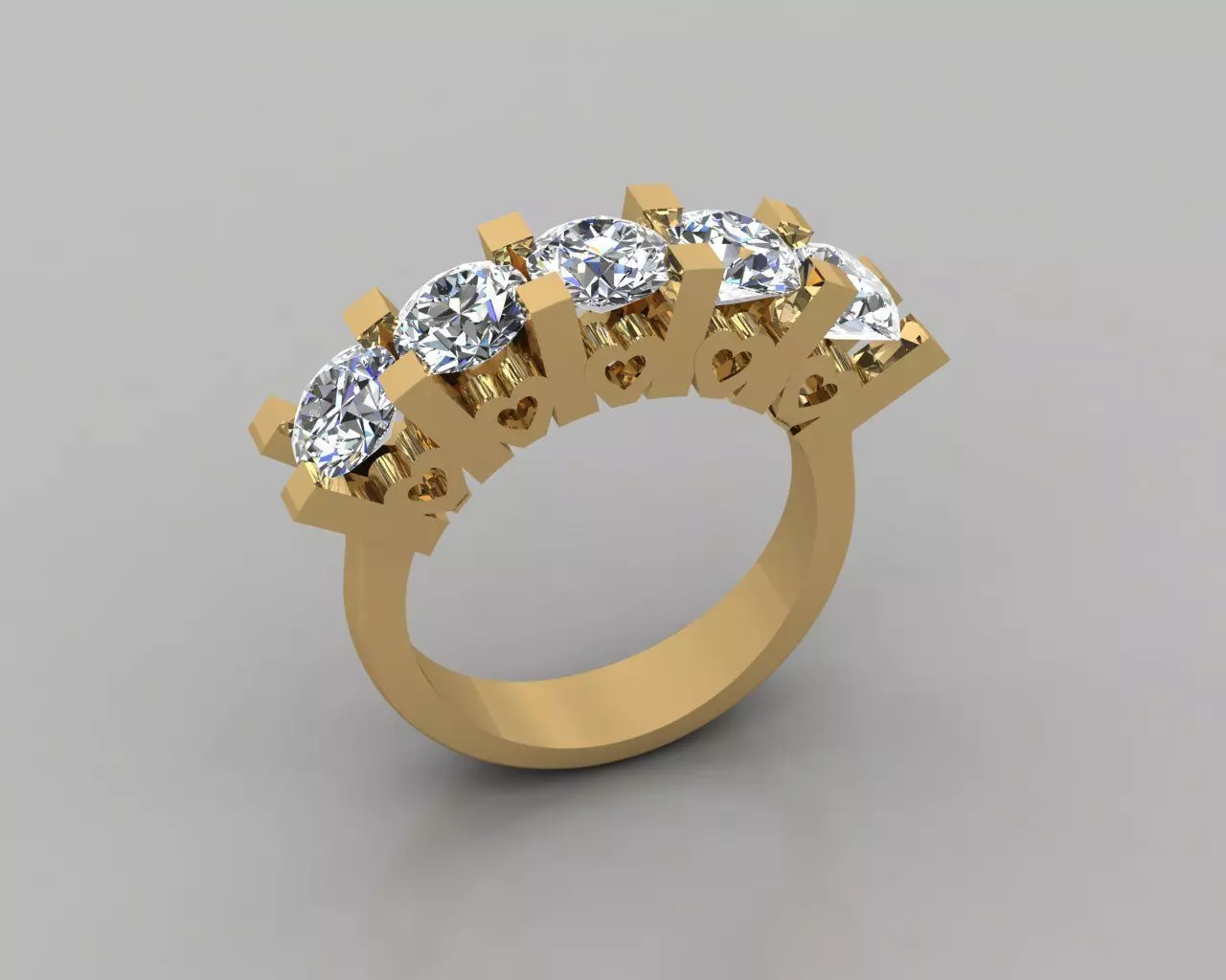 Rings 3D gold diamond ring with four stones 3D print model_0