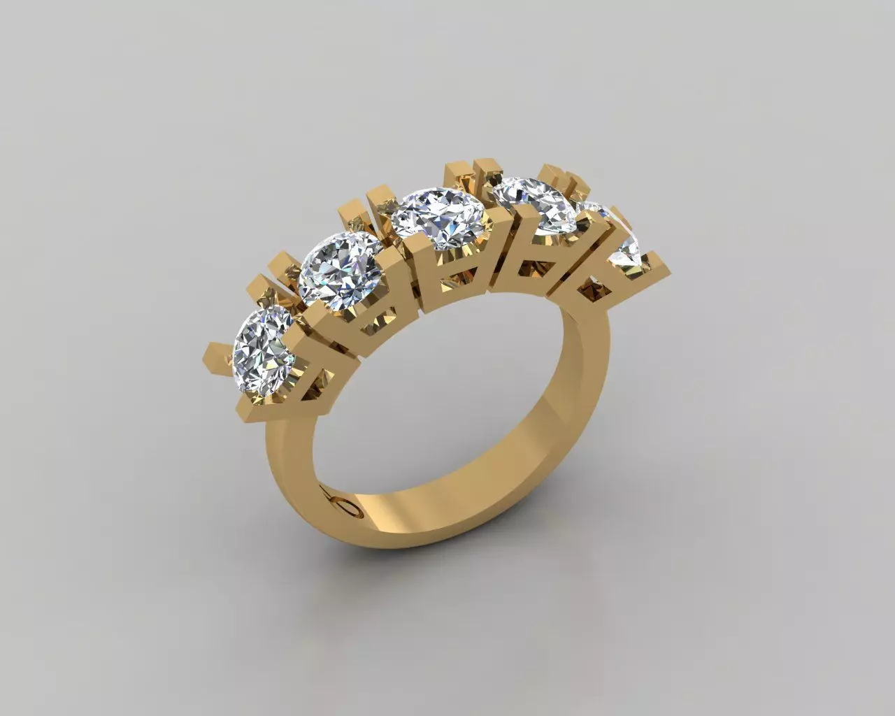 Rings 3D gold diamond ring with five stones 3D print model_0