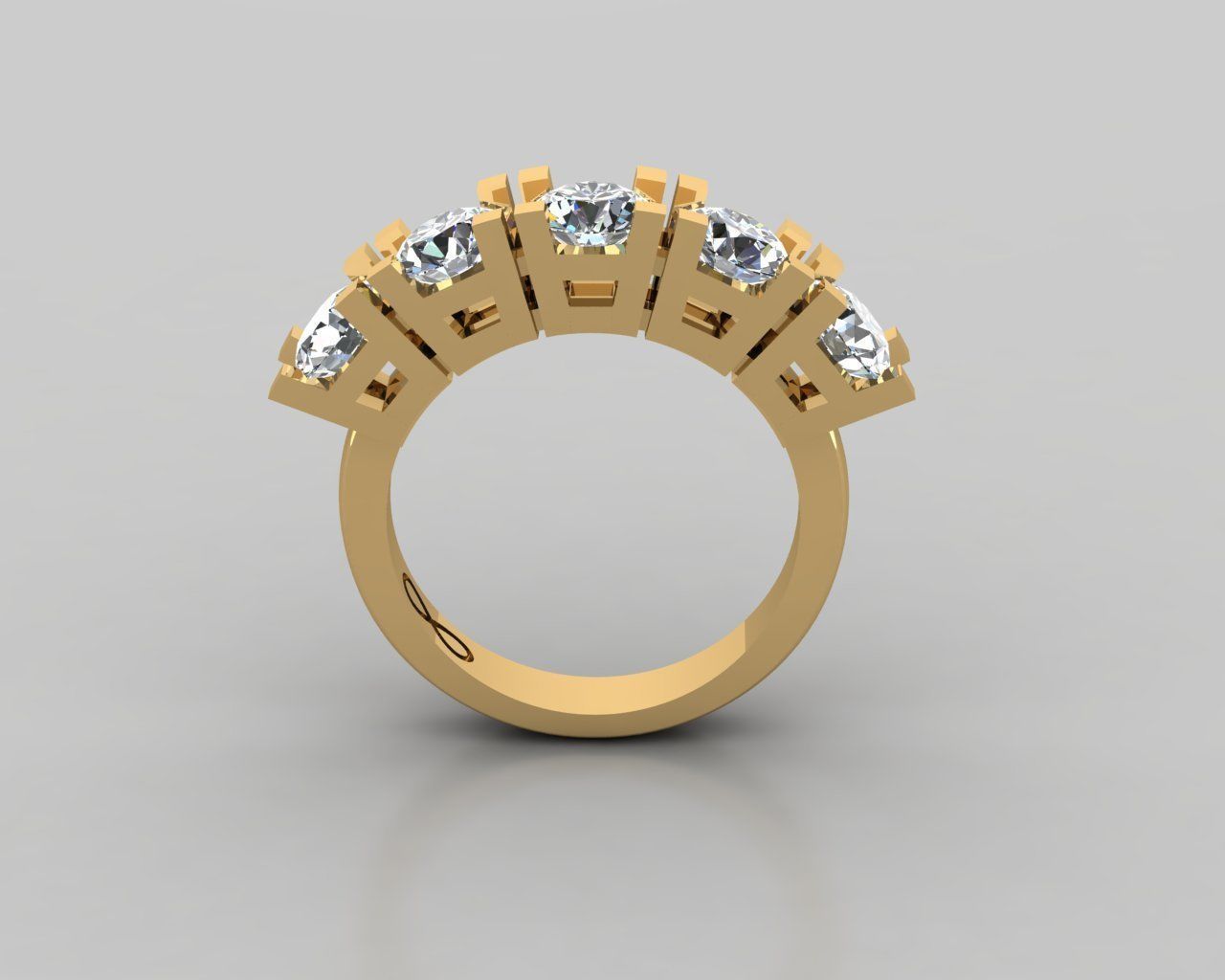 Rings 3D gold diamond ring with five stones 3D print model_2