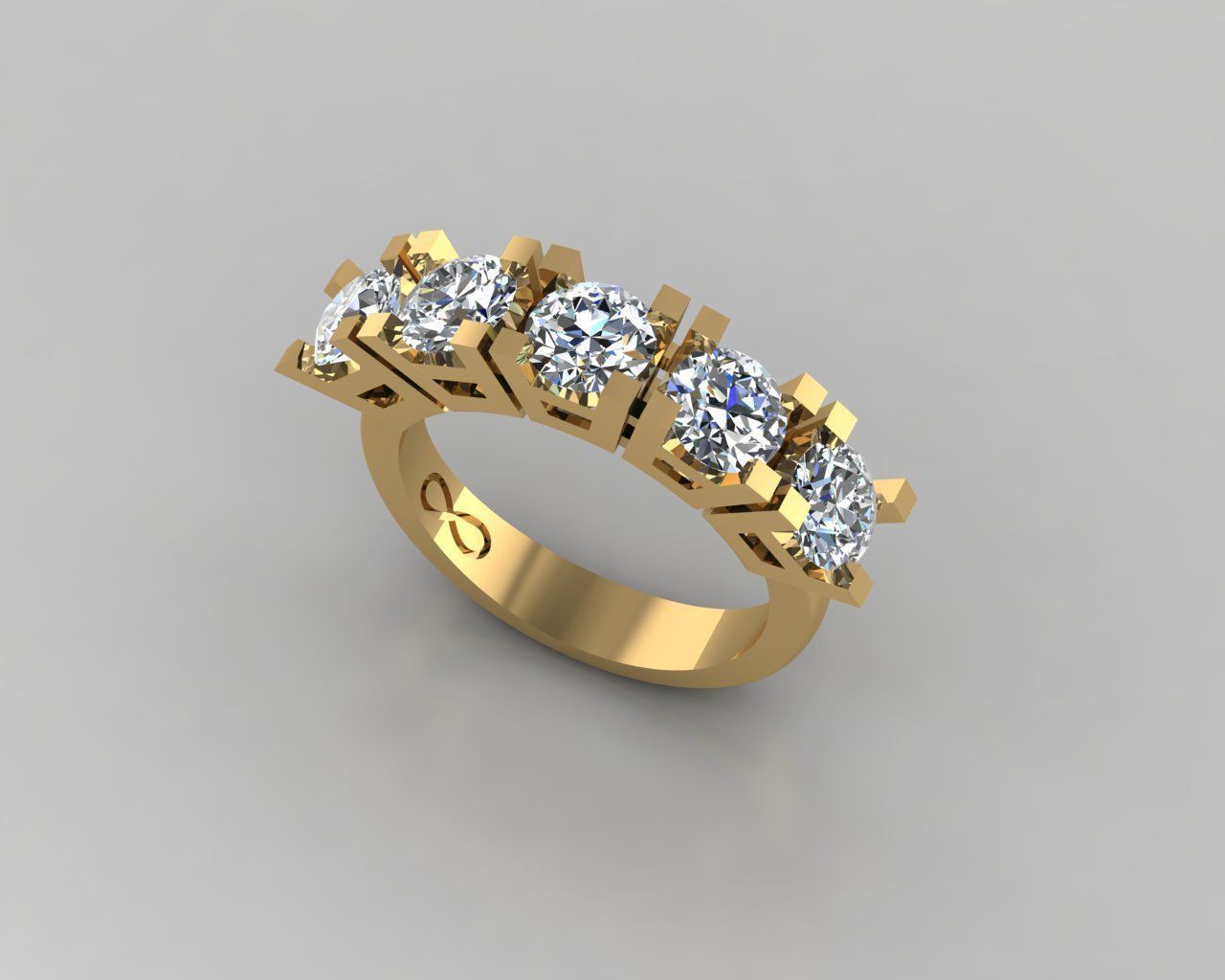 Rings 3D gold diamond ring with five stones 3D print model_1