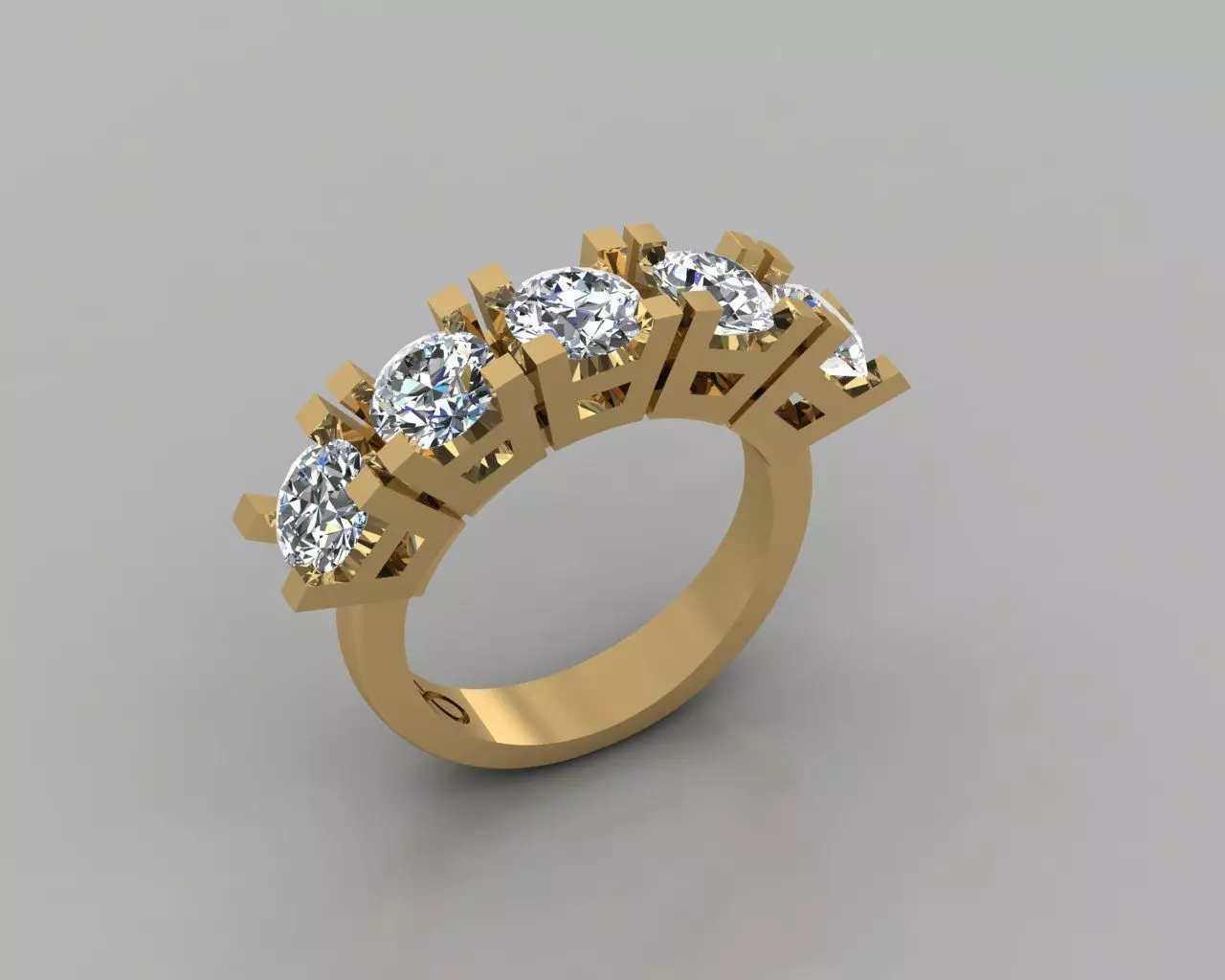 Rings 3D gold diamond ring with five stones 3D print model_0