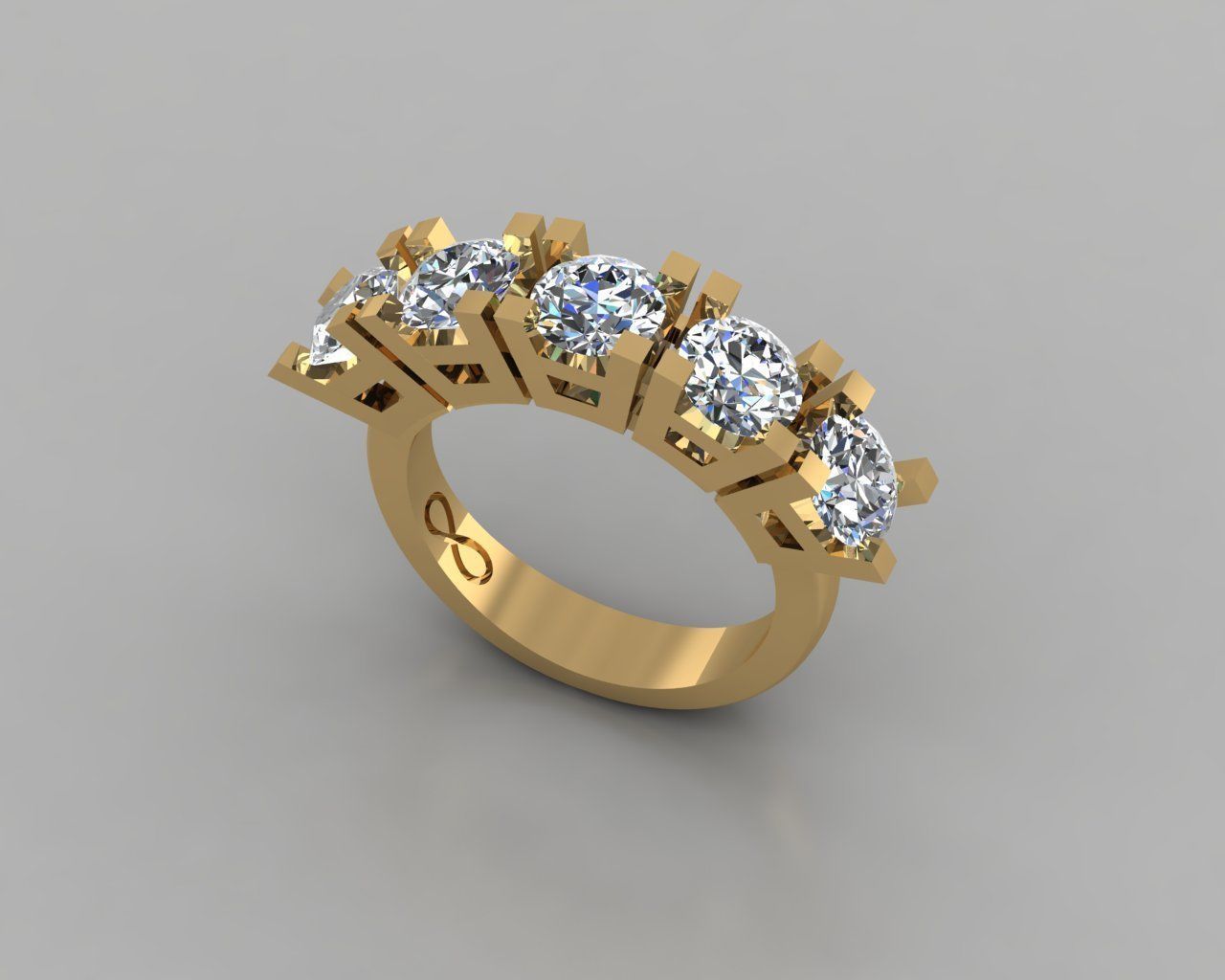 Rings 3D gold diamond ring with five stones 3D print model_1