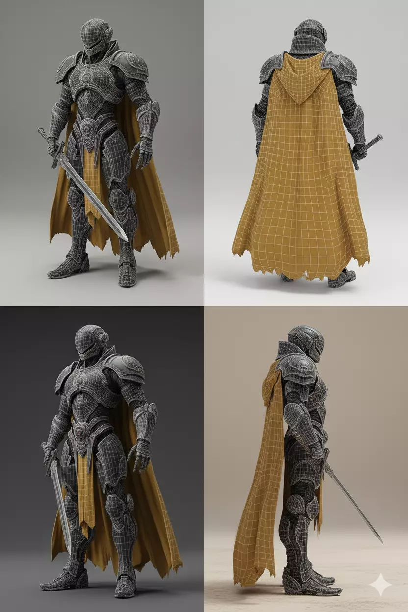 Knight Armor Medieval Fantasy Character with Dynamic Cape Low-poly 3D model_1