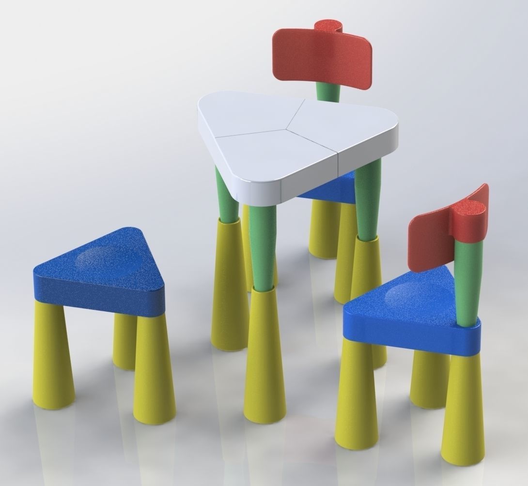 Set of table and chair and three-legged stool 3D print model_5