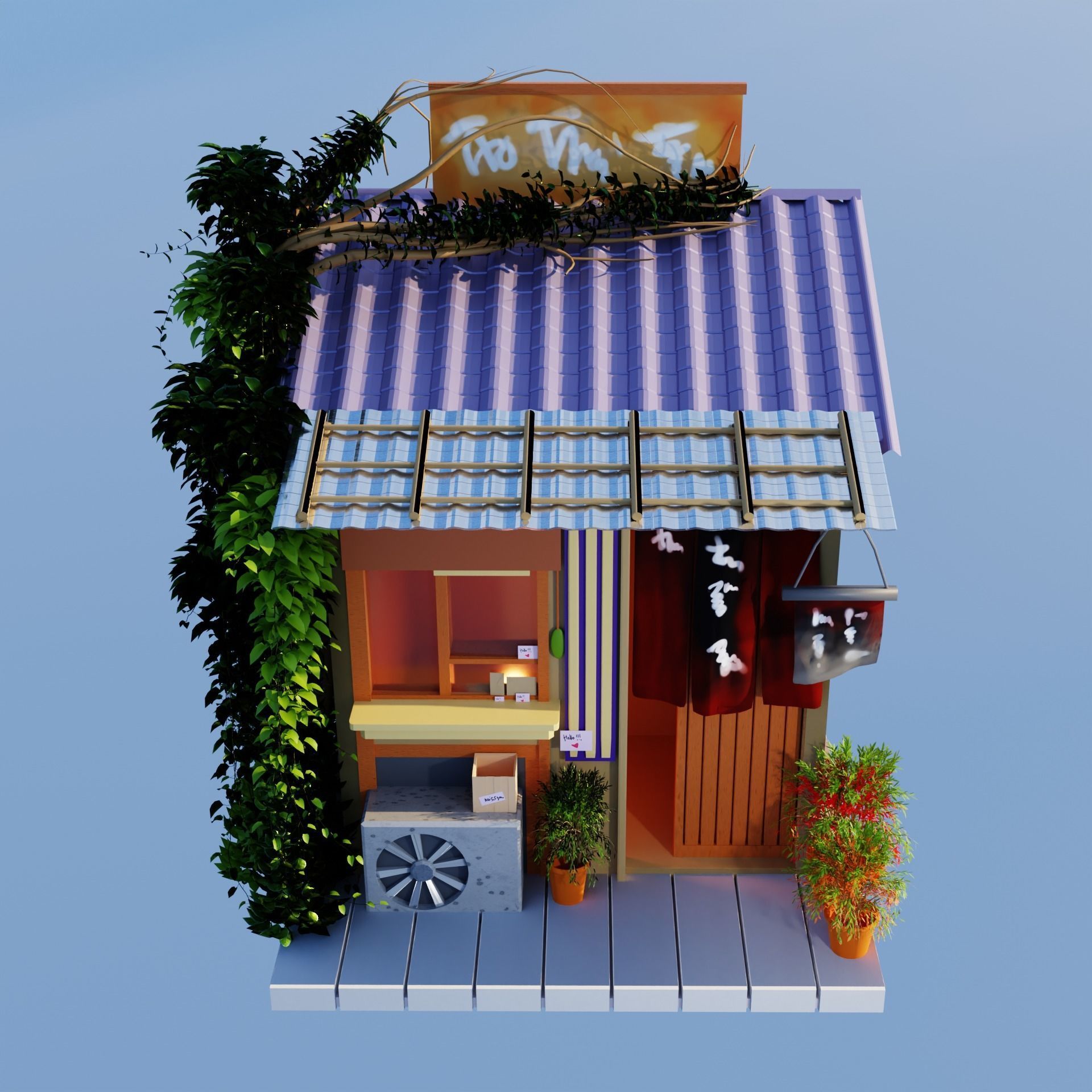 Coffee Shop Build Structure Post Tree Japanese Pavilions Low-poly 3D model_2